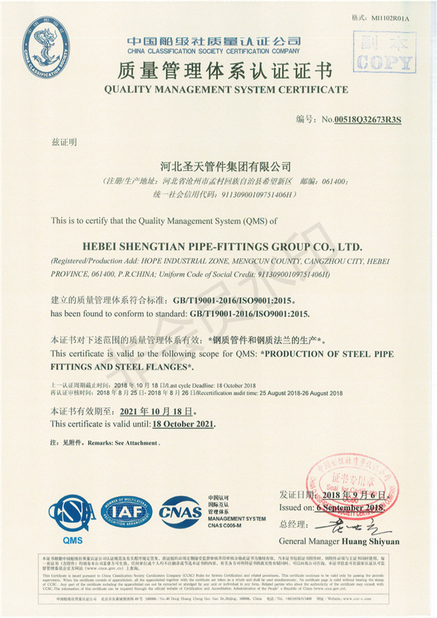 China Hebei Shengtian Pipe Fittings Group Co., Ltd. Certificações